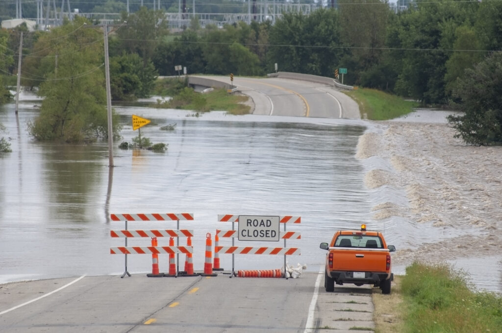 Flooding causes closures on a rural Iowa road.